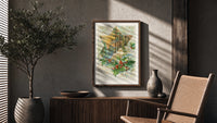 Holly With Every Good Wish poster framed above a fluted sideboard beside a potted tree