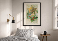 Holly With Every Good Wish print in a black frame above a bed with striped linens, a brass wall lamp and a sunlit window