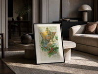 Holly With Every Good Wish print on the floor, leaning against a travertine table