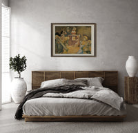 Four robed figures gathered around a table print in a dark wood frame above a rattan bed on a plaster wall