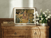 Four robed figures gathered around a table print in an oak frame on a farmhouse dresser beside white tulips