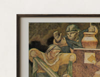 Close-up of the Four robed figures gathered around a table print's dark wood frame corner and archival matte paper