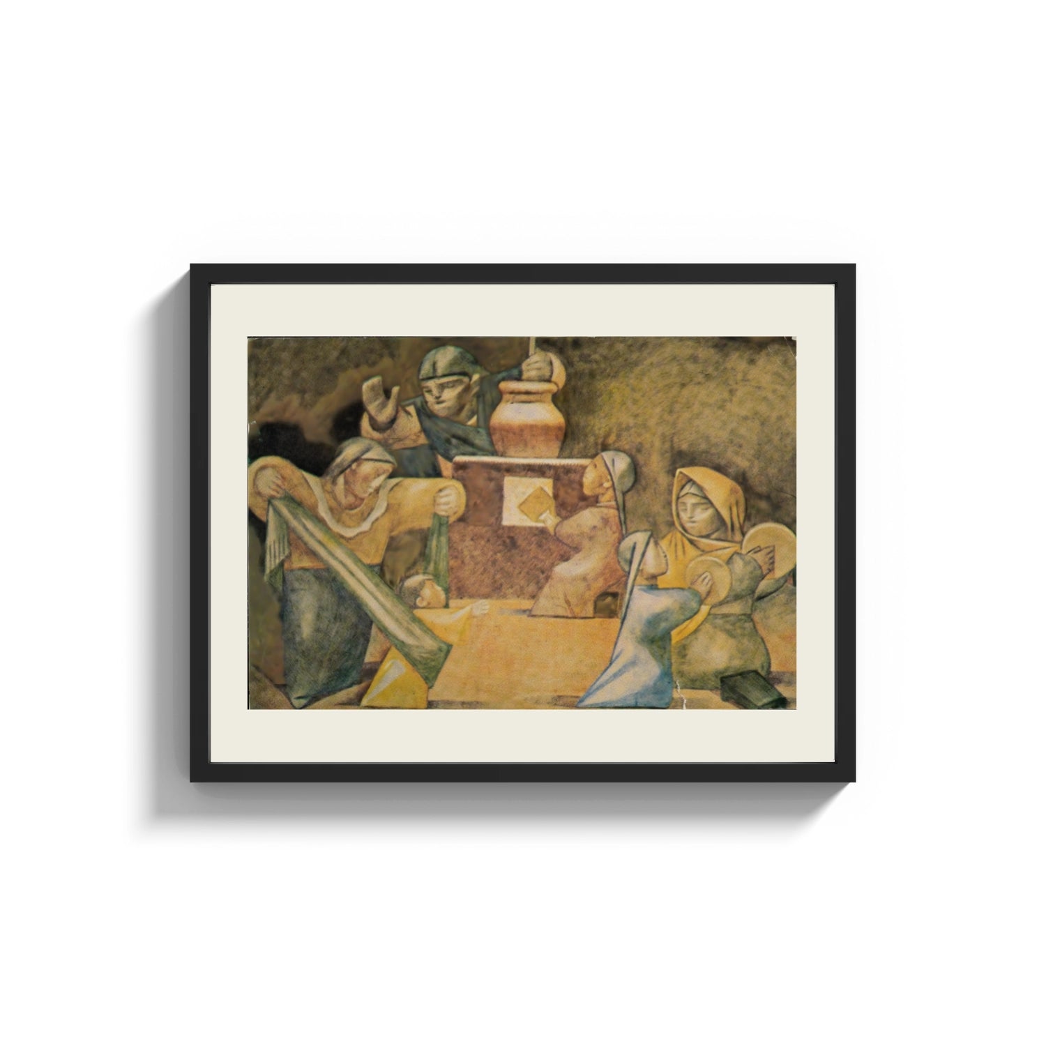 Framed Four robed figures gathered around a table print shown as a wide statement piece on a clean white wall
