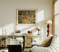 Four robed figures gathered around a table print in an oak frame above a mid-century book console with a vintage radio