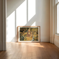 Four robed figures gathered around a table print in an oak frame on a sunlit wood floor beneath tall window light