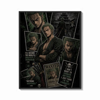 Framed Roronoa Zoro One Piece Wanted framed poster print shown as a bold statement piece on a clean gallery wall