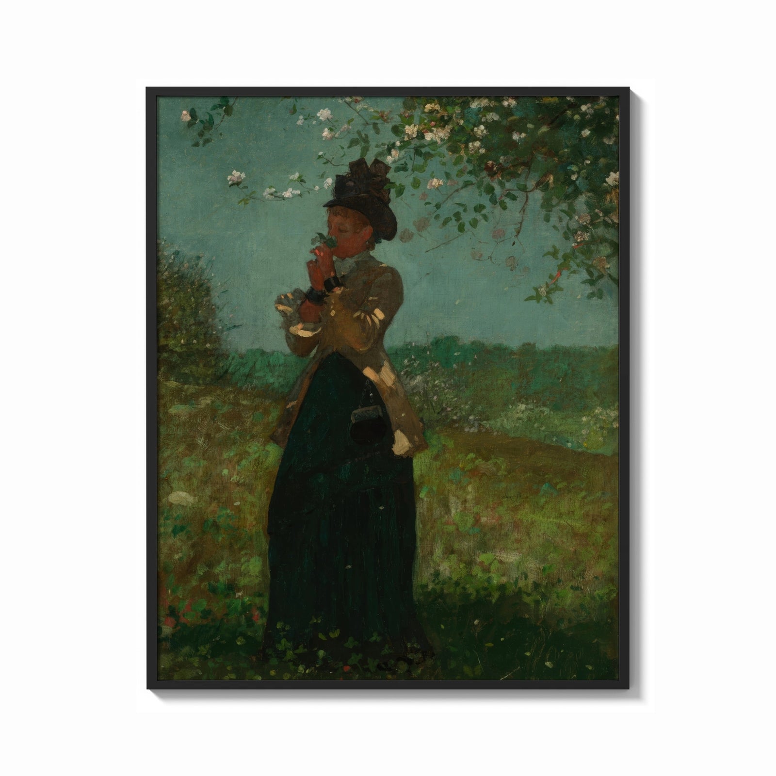Framed woman under a blossoming tree vintage art print print shown as a bold statement piece on a clean gallery wall