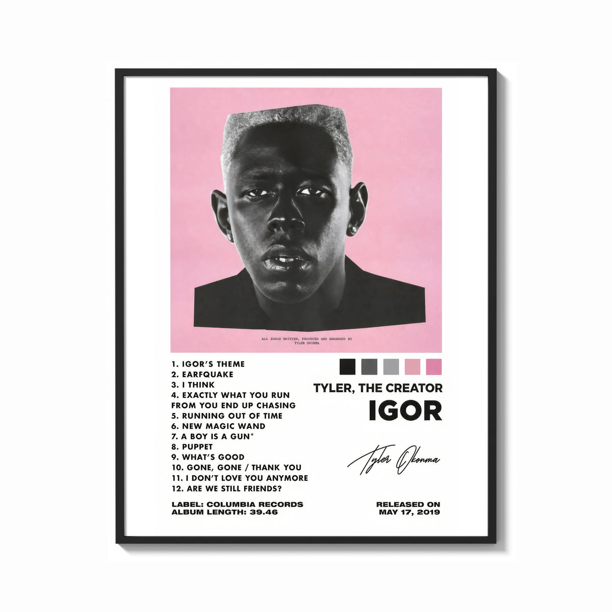 Framed Tyler, The Creator IGOR Tracklist print shown as a bold statement piece on a clean gallery wall