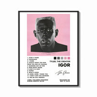 Framed Tyler, The Creator IGOR Tracklist print shown as a bold statement piece on a clean gallery wall