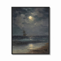 Framed tall ship at sea under full moon vintage art print print shown as a bold statement piece on a clean gallery wall