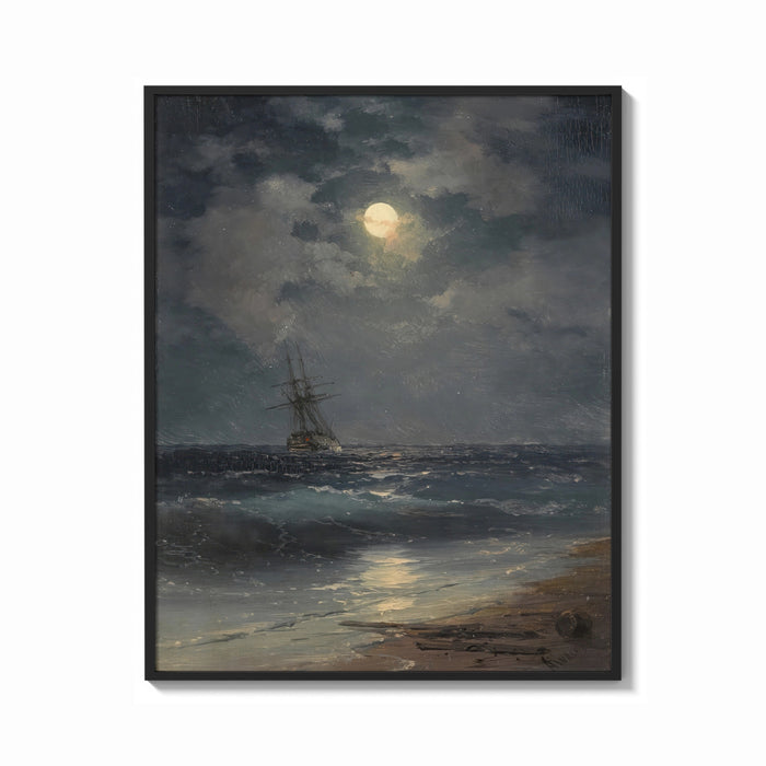 Framed tall ship at sea under full moon vintage art print print shown as a bold statement piece on a clean gallery wall