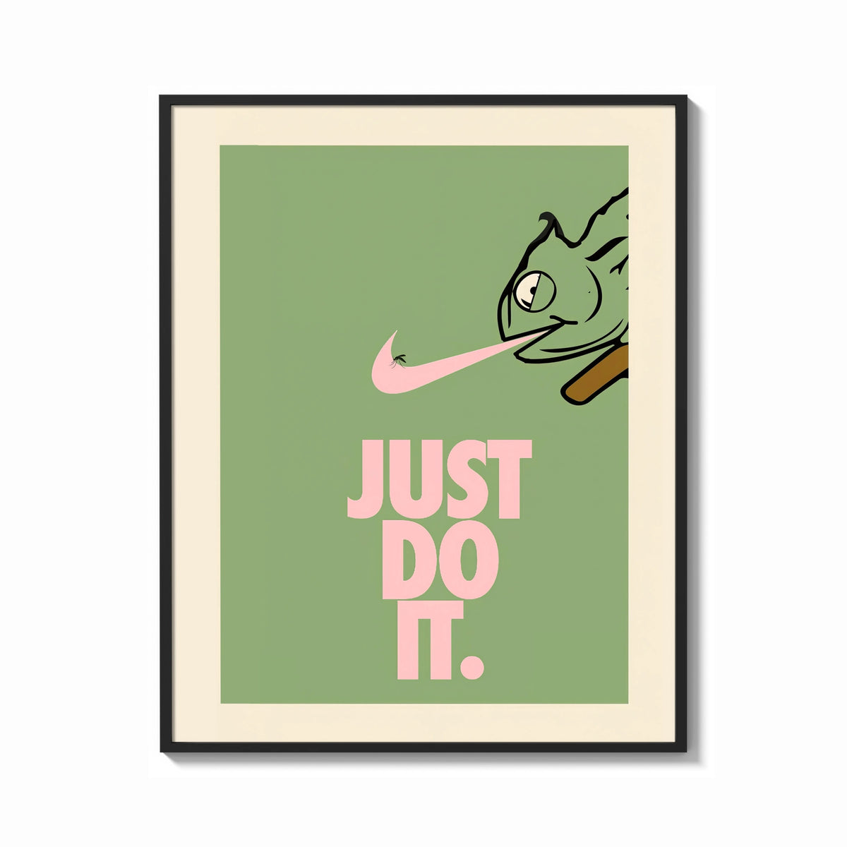 Framed Just Do It Chameleon Green Pink print shown as a bold statement piece on a clean gallery wall