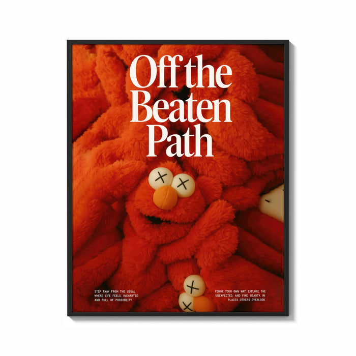 Framed Off the Beaten Path KAWS-Inspired Red Plush print shown as a bold statement piece on a clean gallery wall