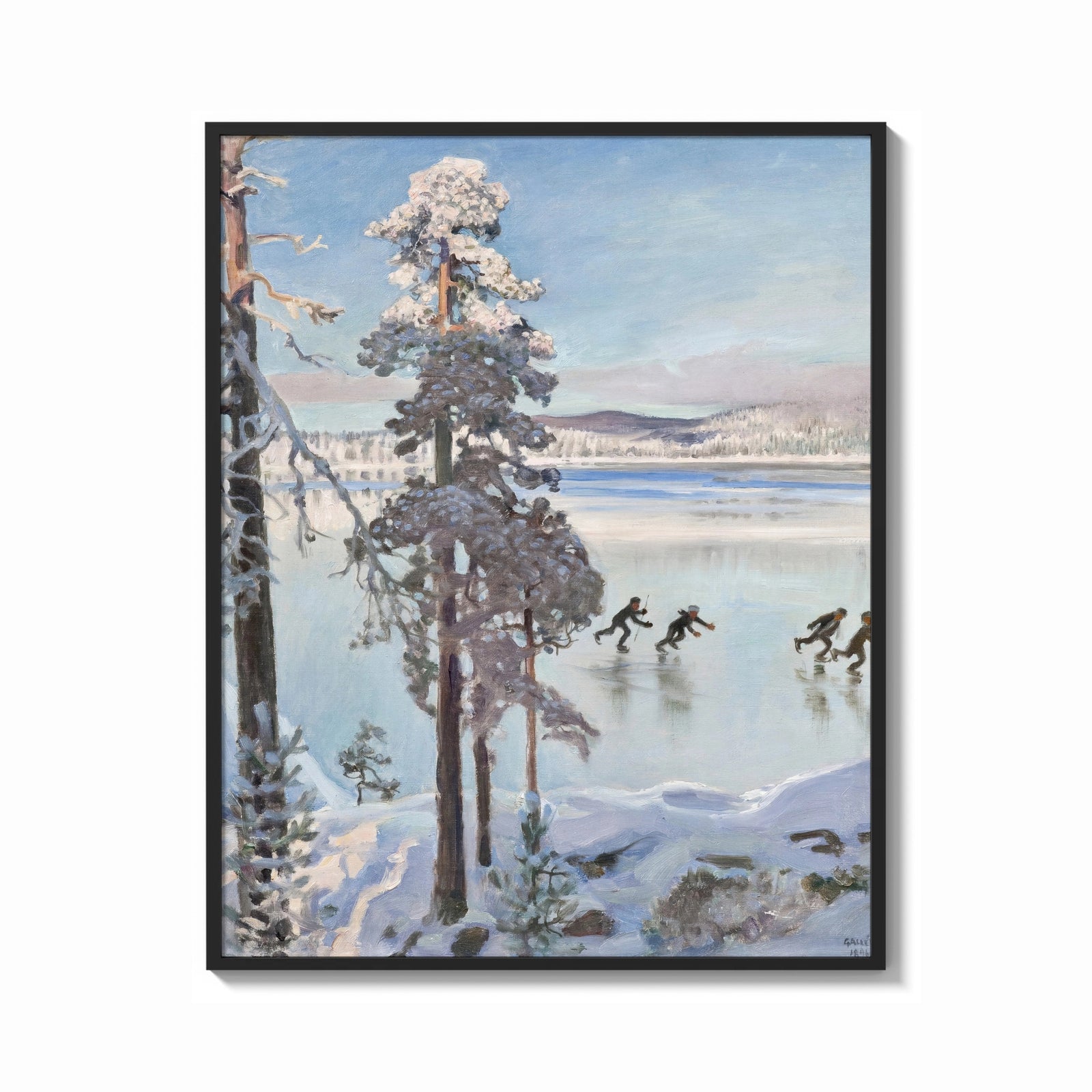 Framed ice skaters on a frozen lake among snowy pines vintage art print print shown as a bold statement piece on a clean…