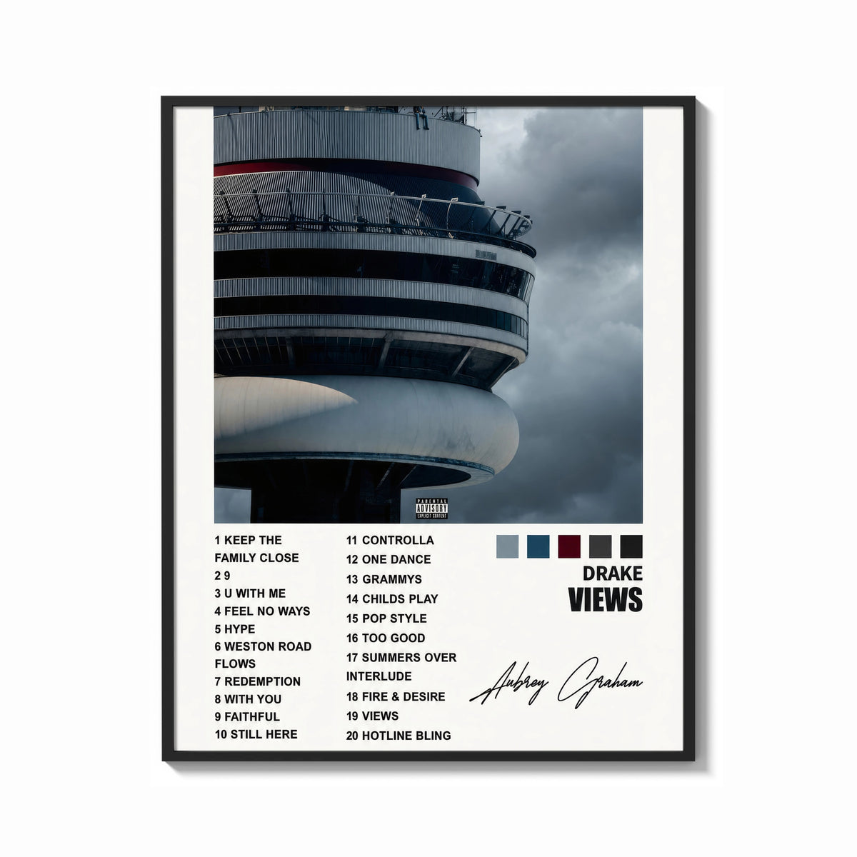 Framed Drake Views CN Tower Tracklist print shown as a bold statement piece on a clean gallery wall