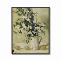 Framed flowers and lemons still life vintage art print print shown as a bold statement piece on a clean gallery wall