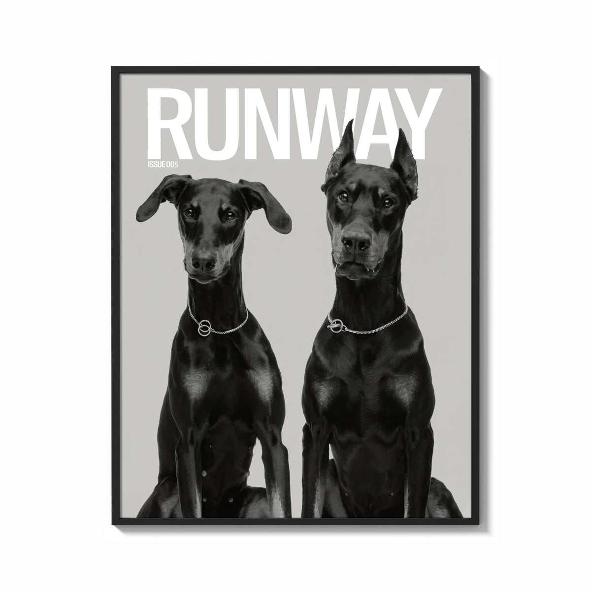 Framed Doberman Pinscher Portrait Duo print shown as a bold statement piece on a clean gallery wall