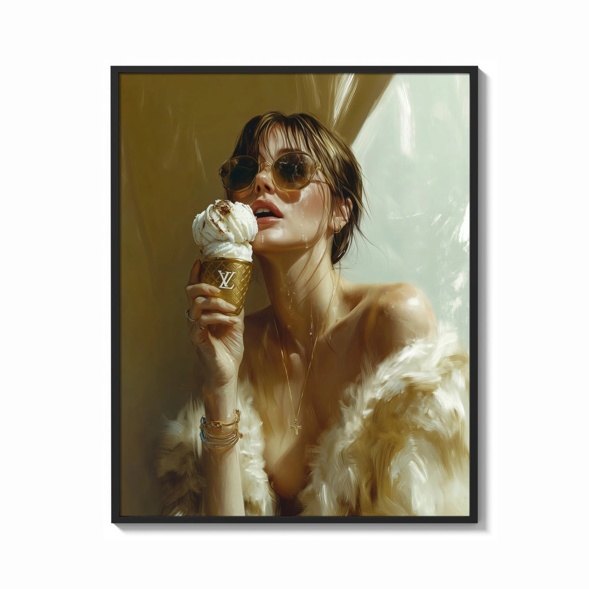 Framed Louis Vuitton Gold Ice Cream print shown as a bold statement piece on a clean gallery wall