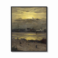 Framed beach at sunset with silhouetted figures vintage art print print shown as a bold statement piece on a clean…