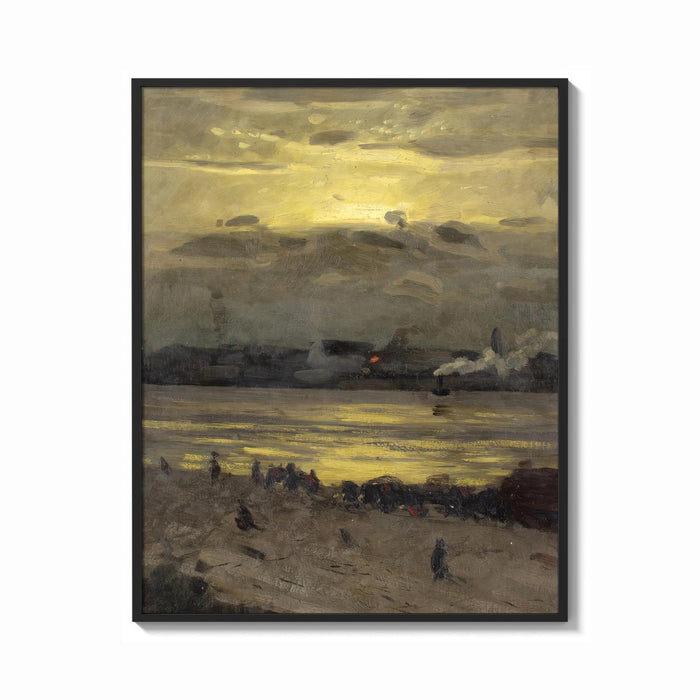Framed beach at sunset with silhouetted figures vintage art print print shown as a bold statement piece on a clean…