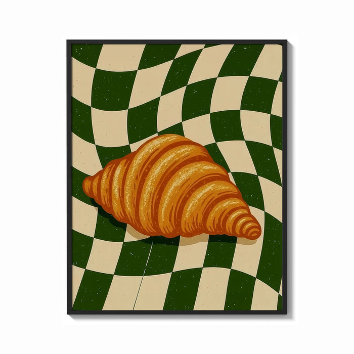 Framed Croissant on Green Checkerboard print shown as a bold statement piece on a clean gallery wall