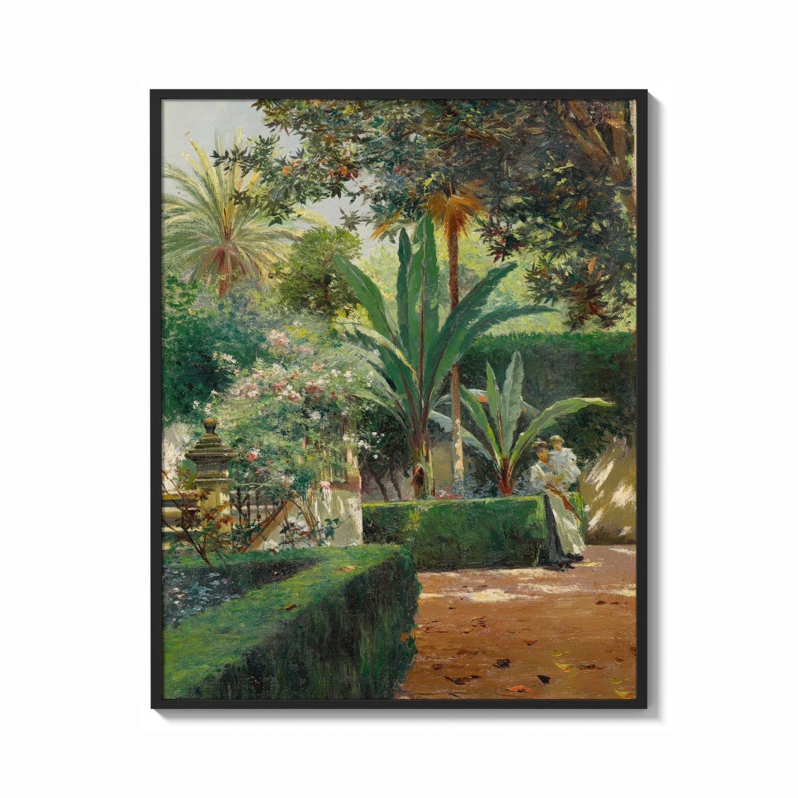 Framed garden with palm trees and figures vintage art print print shown as a bold statement piece on a clean gallery wall