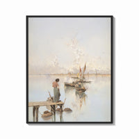 Framed woman and dog on a dock watching sailboats vintage art print print shown as a bold statement piece on a clean…