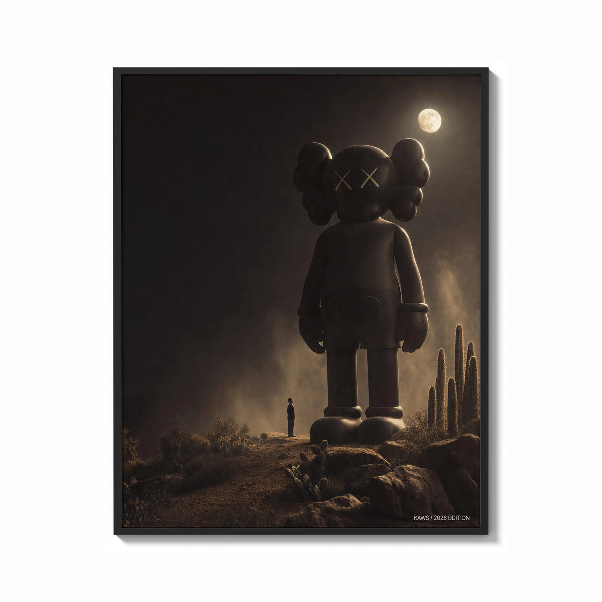 Framed KAWS Companion Desert Moon Monochrome print shown as a bold statement piece on a clean gallery wall