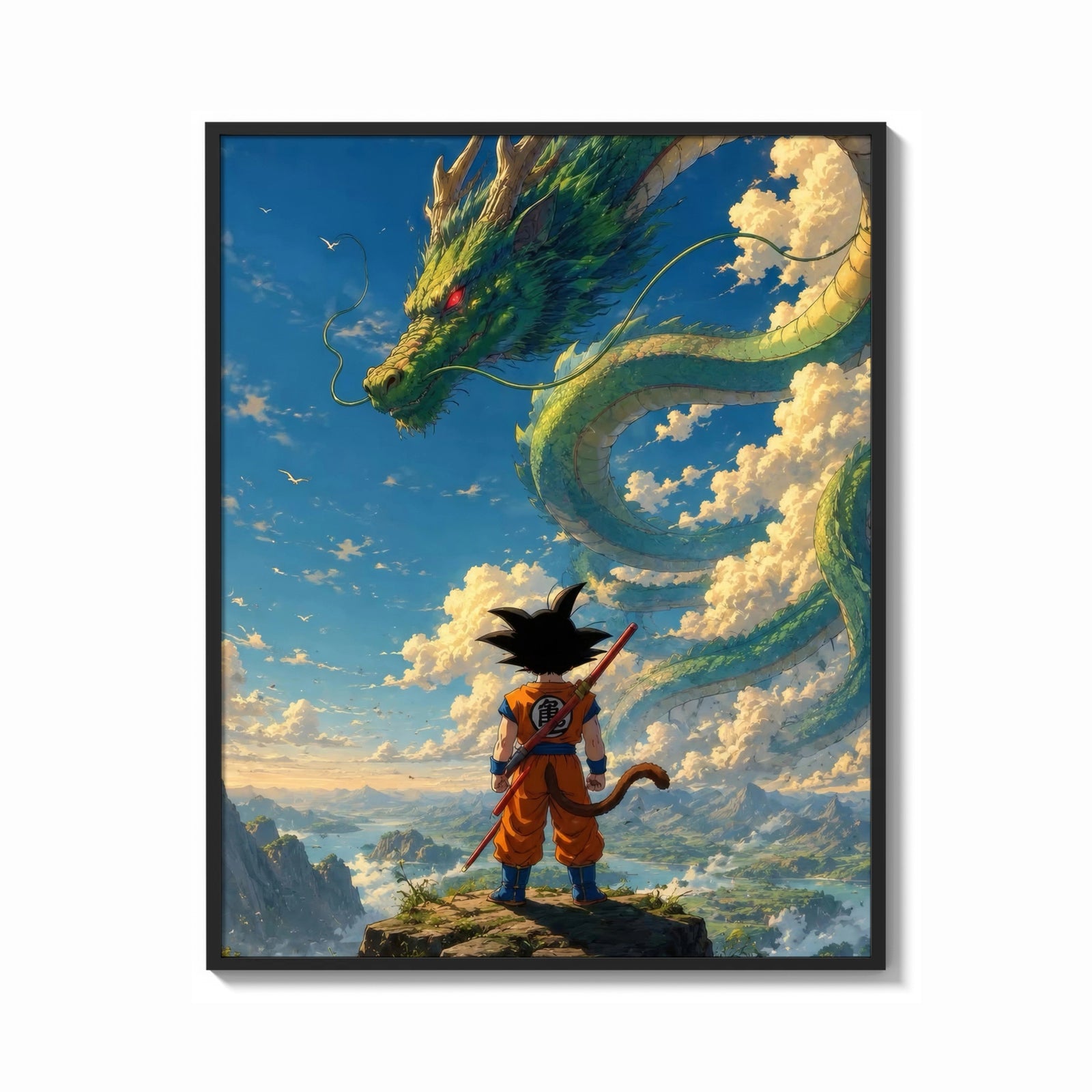 Framed Dragon Ball Z Goku and Shenron framed poster print shown as a bold statement piece on a clean gallery wall