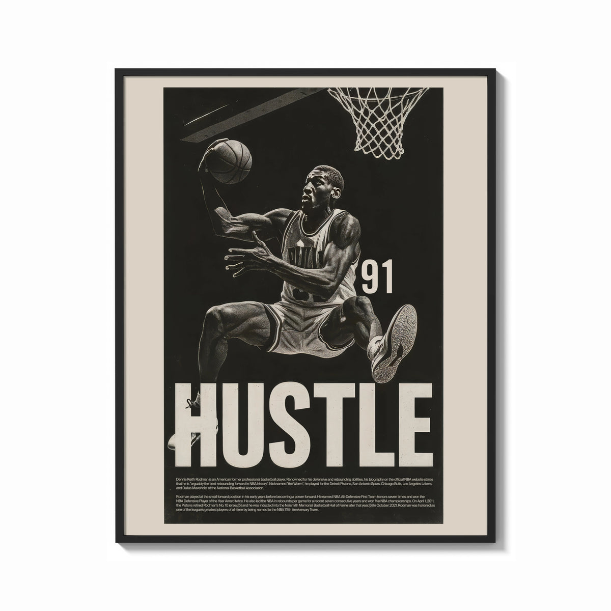 Framed Dennis Rodman Hustle Basketball print shown as a bold statement piece on a clean gallery wall