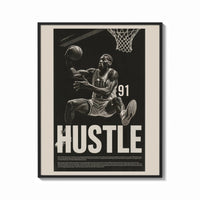 Framed Dennis Rodman Hustle Basketball print shown as a bold statement piece on a clean gallery wall