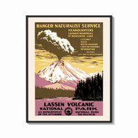 Framed WPA Lassen Volcanic Park print shown as a bold statement piece on a clean gallery wall
