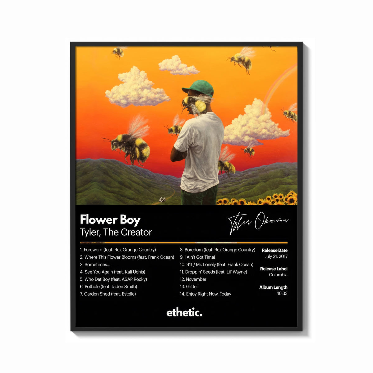 Framed Tyler the Creator Flower Boy Tracklist print shown as a bold statement piece on a clean gallery wall