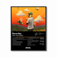 Framed Tyler the Creator Flower Boy Tracklist print shown as a bold statement piece on a clean gallery wall
