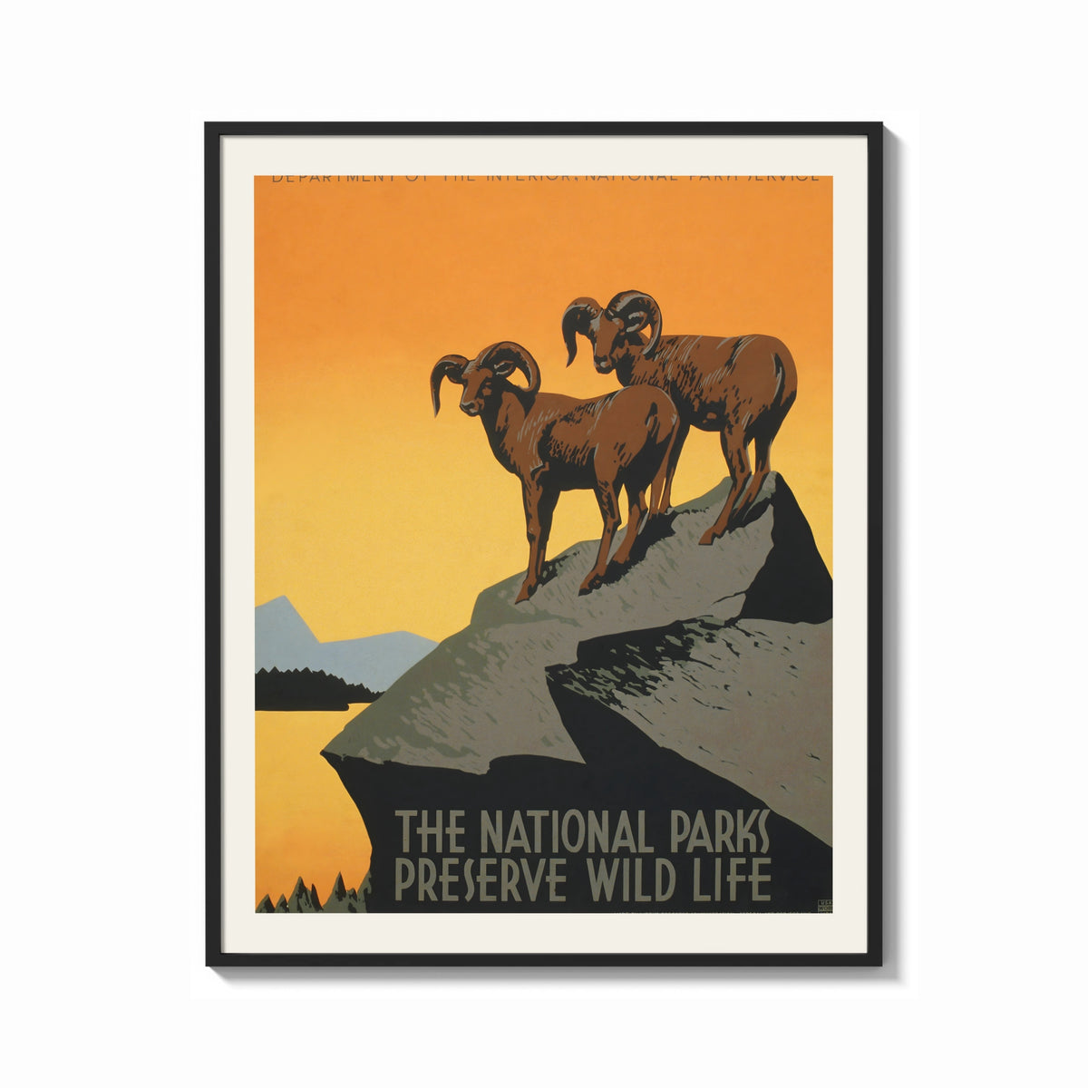 Framed WPA Parks Preserve Wild Life print shown as a bold statement piece on a clean gallery wall