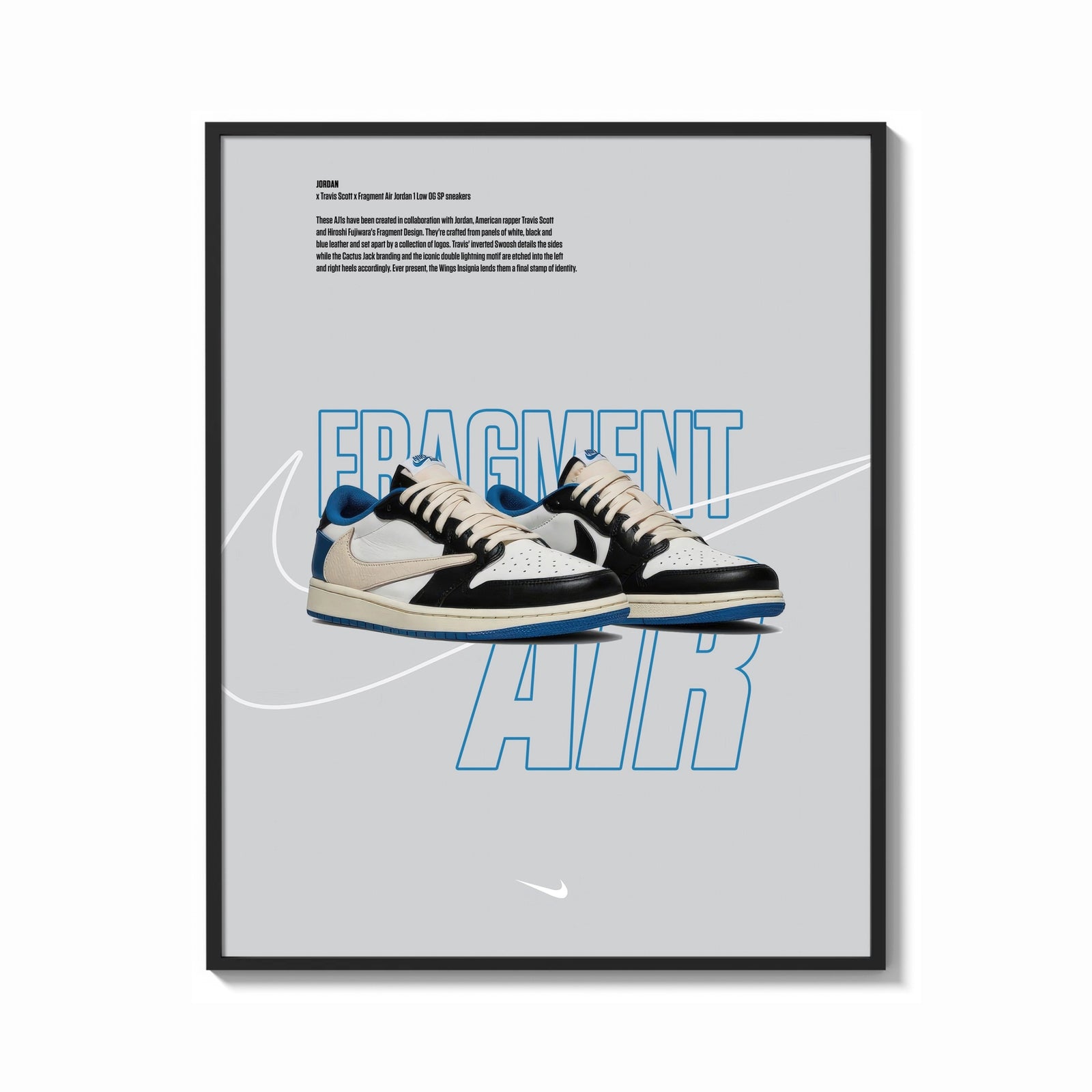 Framed Travis Scott x Fragment Air Jordan 1 framed poster print shown as a bold statement piece on a clean gallery wall
