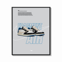 Framed Travis Scott x Fragment Air Jordan 1 framed poster print shown as a bold statement piece on a clean gallery wall