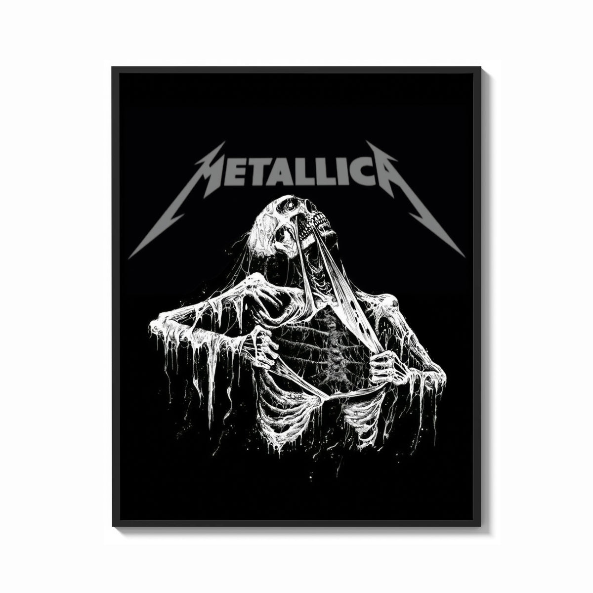 Framed Metallica Decaying Corpse Skeleton print shown as a bold statement piece on a clean gallery wall
