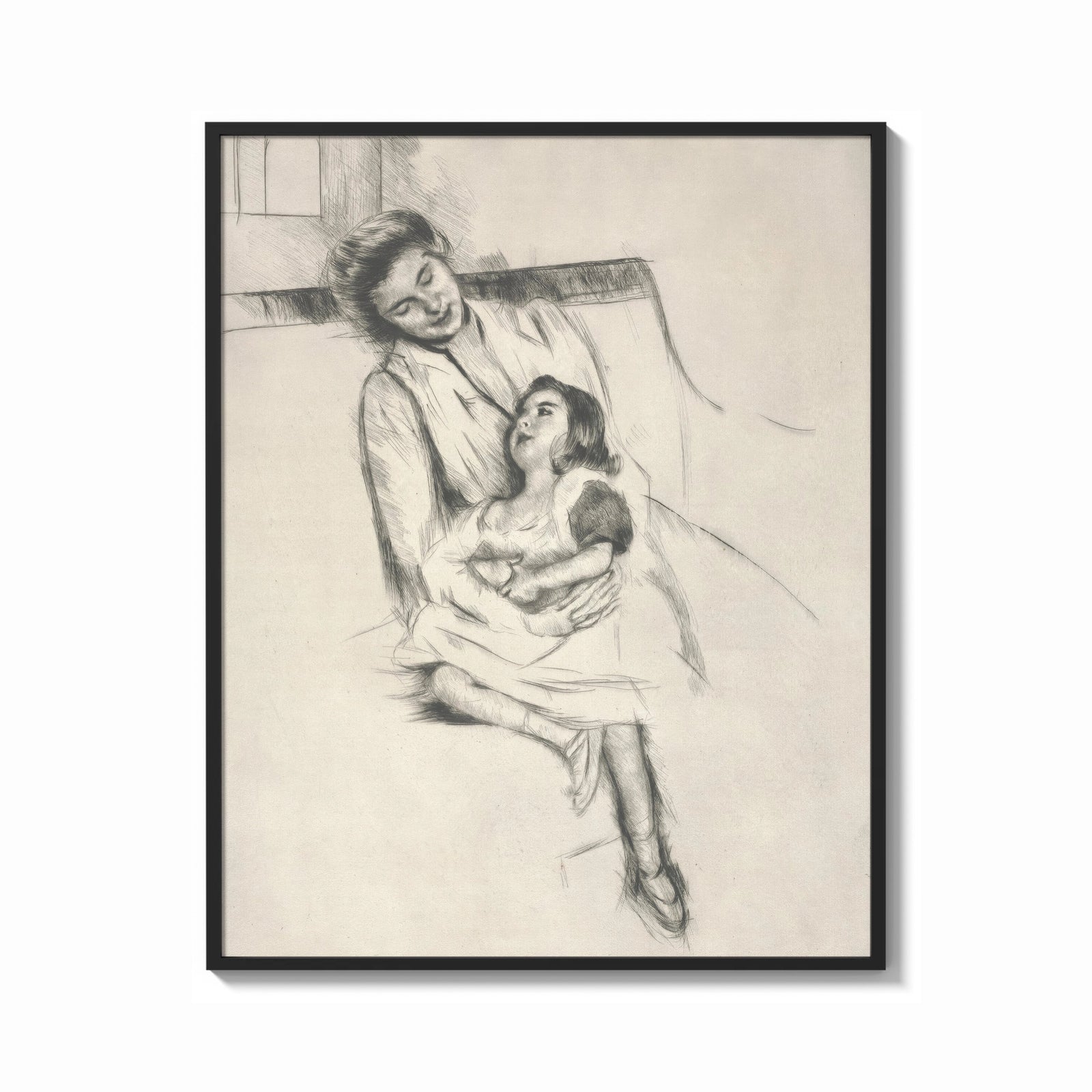 Framed mother embracing seated daughter vintage art print print shown as a bold statement piece on a clean gallery wall