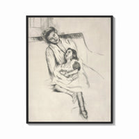 Framed mother embracing seated daughter vintage art print print shown as a bold statement piece on a clean gallery wall