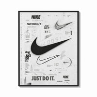 Framed Nike Swoosh Black and White Typography print shown as a bold statement piece on a clean gallery wall