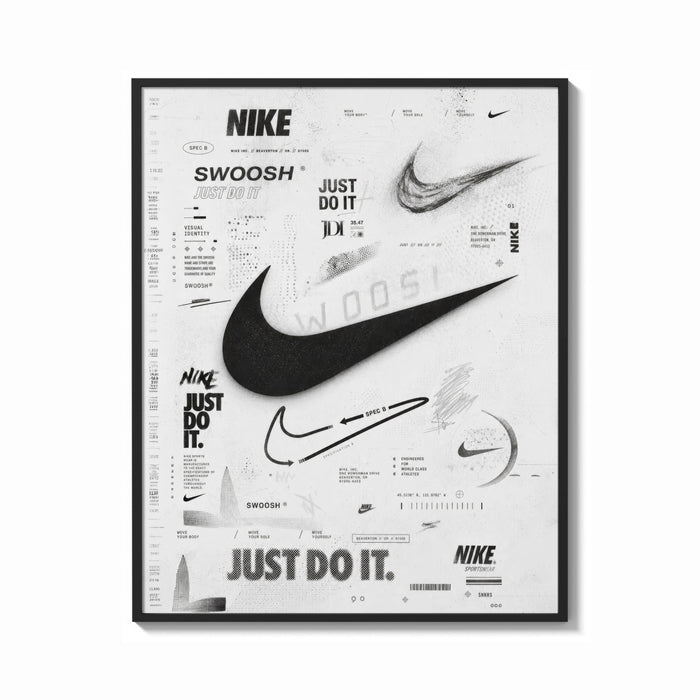 Framed Nike Swoosh Black and White Typography print shown as a bold statement piece on a clean gallery wall
