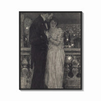 Framed couple embracing on a night balcony vintage art print print shown as a bold statement piece on a clean gallery wall