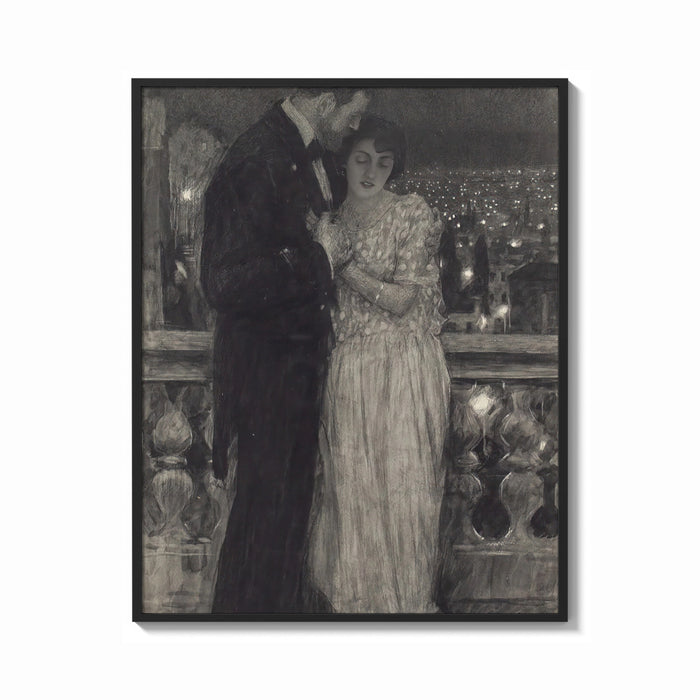 Framed couple embracing on a night balcony vintage art print print shown as a bold statement piece on a clean gallery wall
