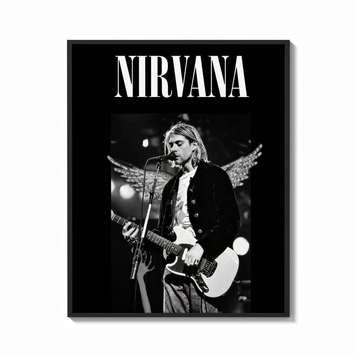 Framed Kurt Cobain Nirvana Live print shown as a bold statement piece on a clean gallery wall