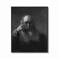 Framed elderly bearded man in shadow vintage art print print shown as a bold statement piece on a clean gallery wall