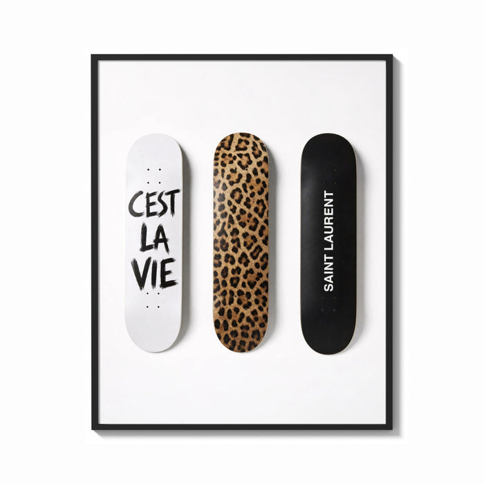 Framed Saint Laurent Cest La Vie Skateboards framed poster print shown as a bold statement piece on a clean gallery wall