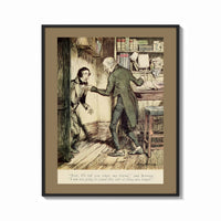 Framed Arthur Rackham Scrooge and Cratchit print shown as a bold statement piece on a clean gallery wall