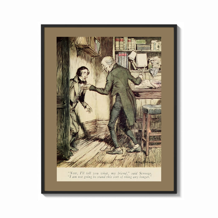 Framed Arthur Rackham Scrooge and Cratchit print shown as a bold statement piece on a clean gallery wall