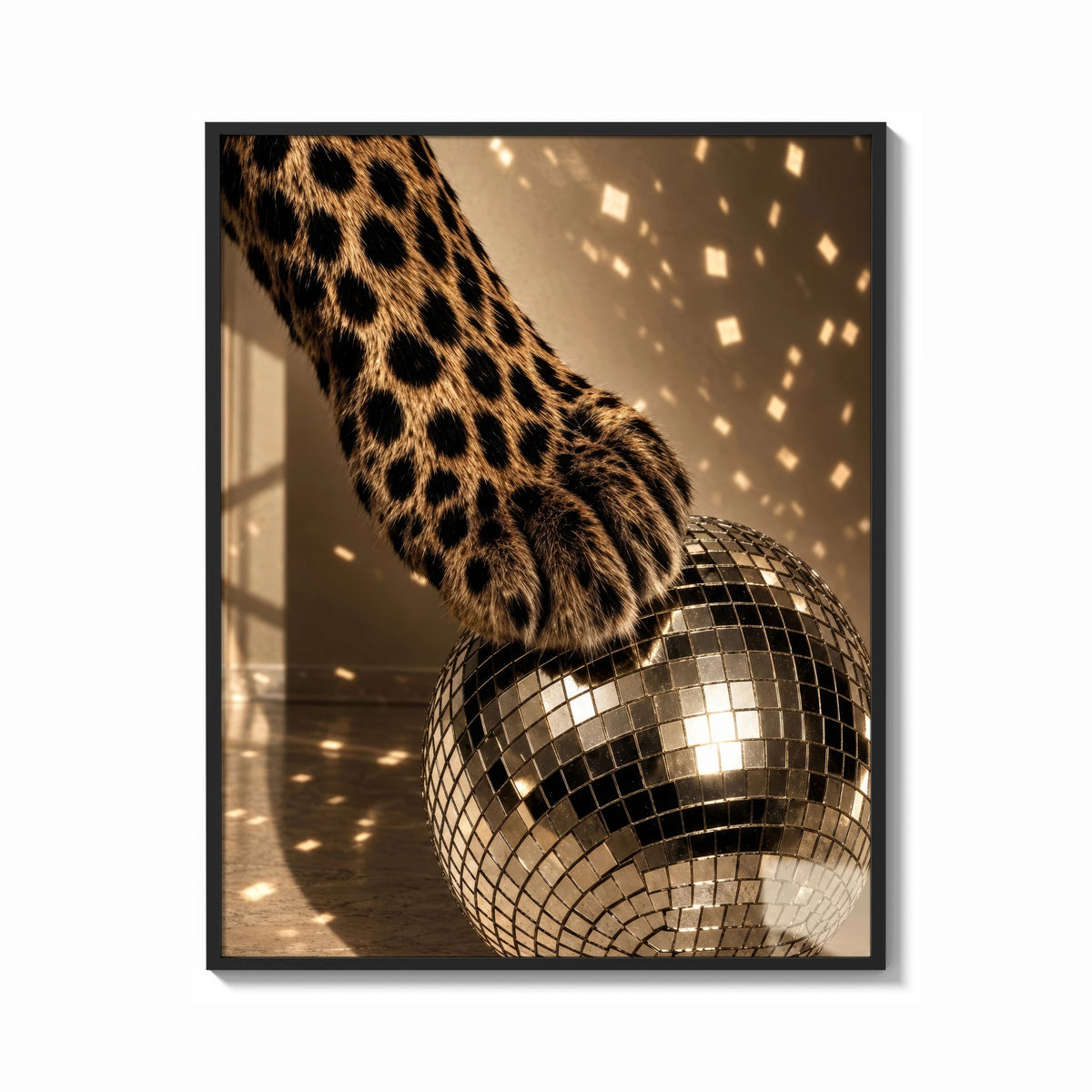Framed Cheetah Paw and Disco Ball print shown as a bold statement piece on a clean gallery wall